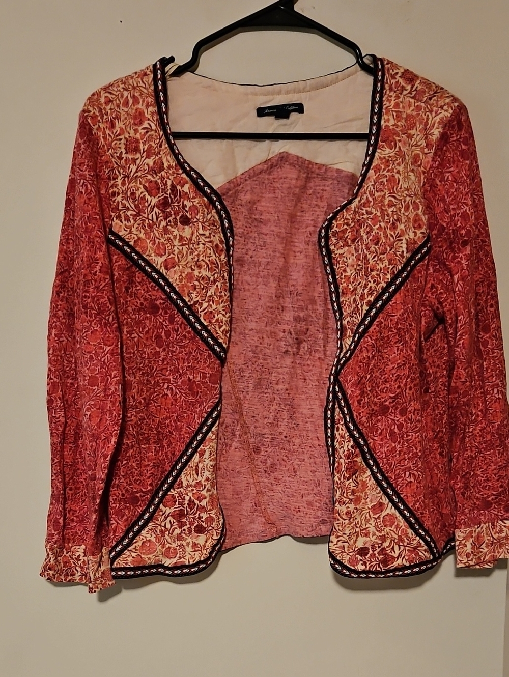 American Eagle Outfitters Red Floral Open-Front Blazer with Black Trim